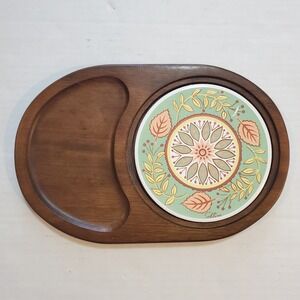 Himark 1982 Saltina Cheese Board Wood Tray Ceramic Tile Floral Inlay Vintage